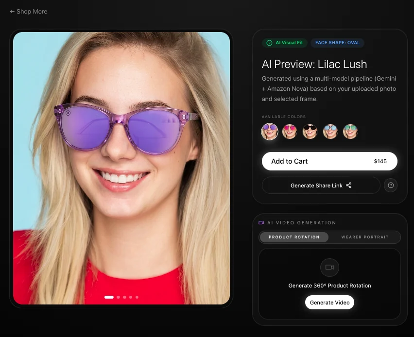 NovaVision — AI eyewear try-on preview showing a personalized frame fit, available colorways, share link, and AI video generation